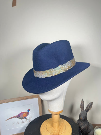 The Isla Fedora (Navy, Blue Pheasant Feathers, Small)