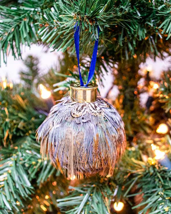 My Fancy Feathers Bauble, blue pheasant feathers.