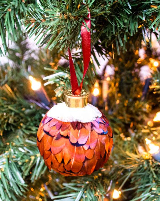 My Fancy Feathers Bauble, brown and white pheasant feathers.