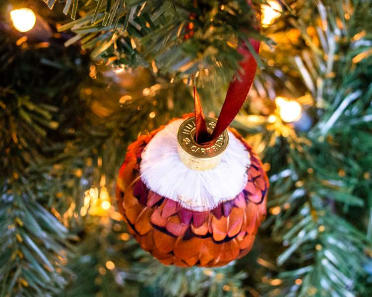 My Fancy Feathers Bauble, brown and white pheasant feathers.