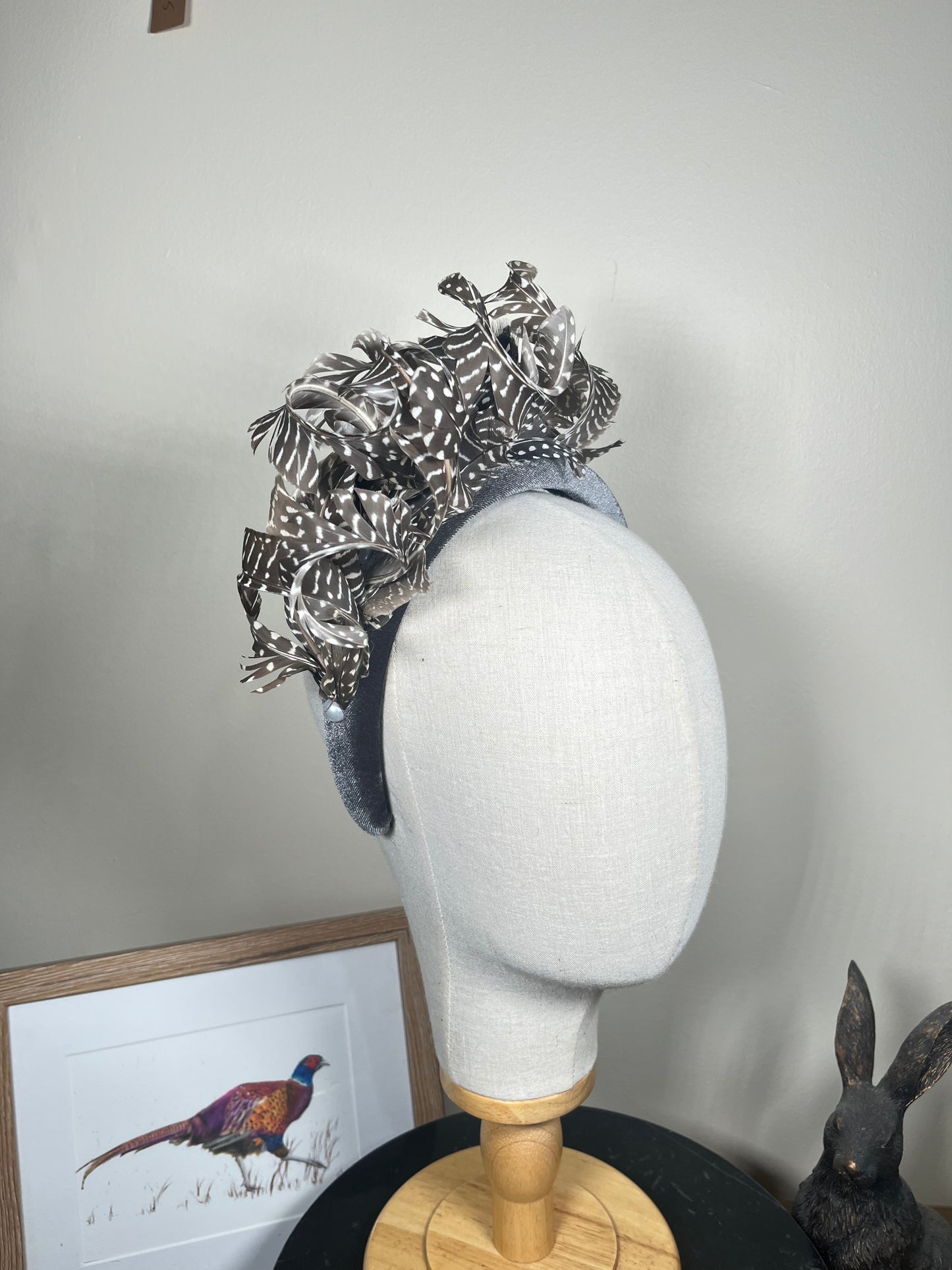 Grey Velvet Alice band with Guinea fowl curl