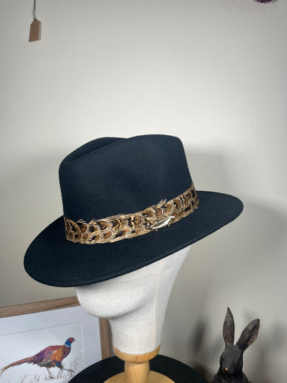 The Isla Fedora (Black, Hen Feathers) (Small)