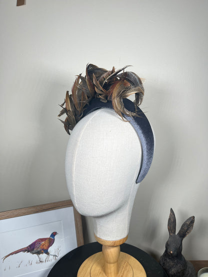 Grey Velvet Alice band with Pheasant curl
