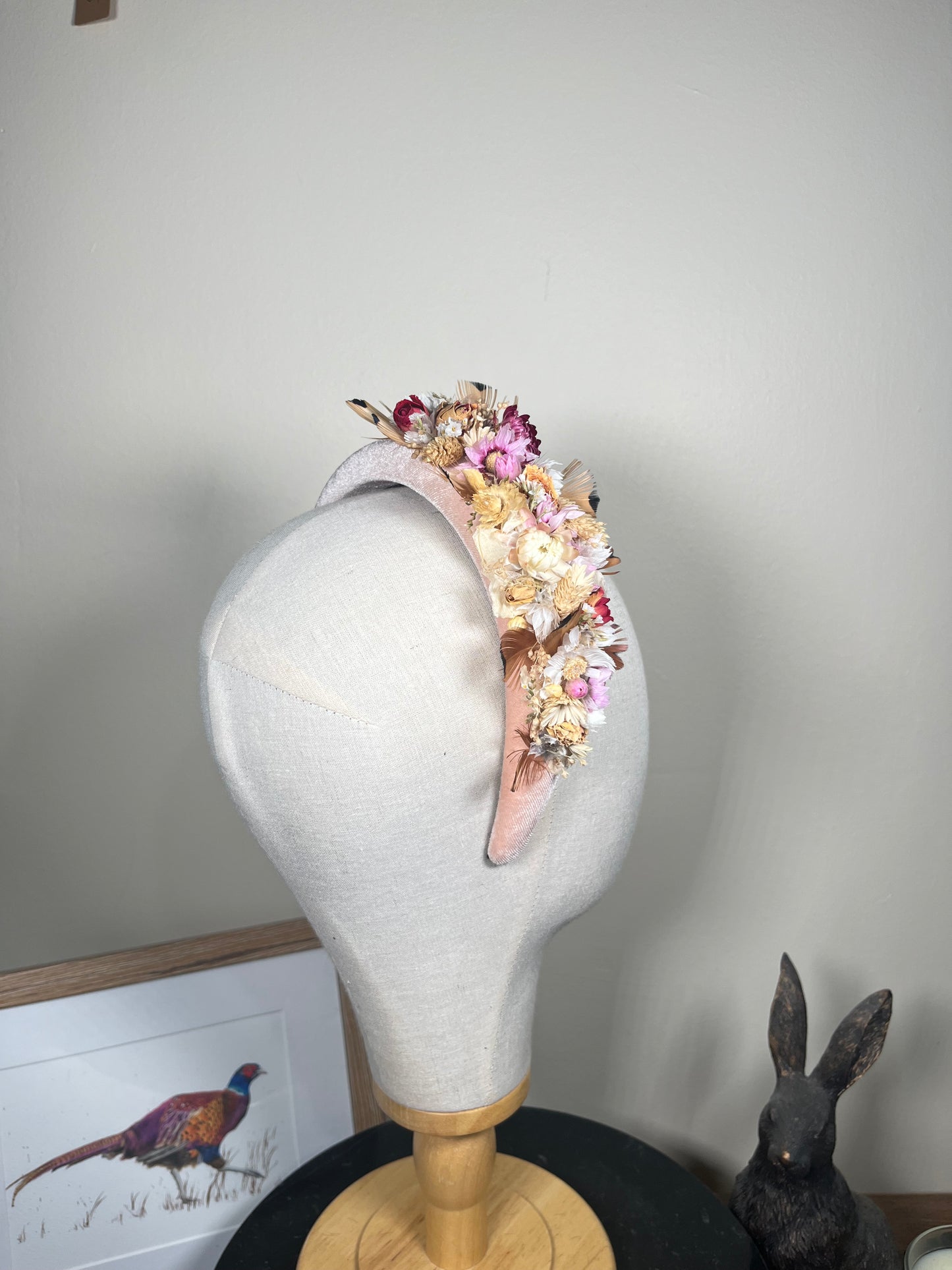 Light pink Alice band with feather and dried flowers