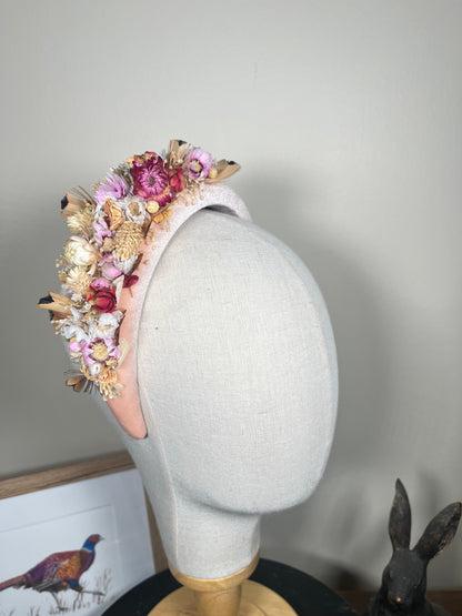 Light pink Alice band with feather and dried flowers