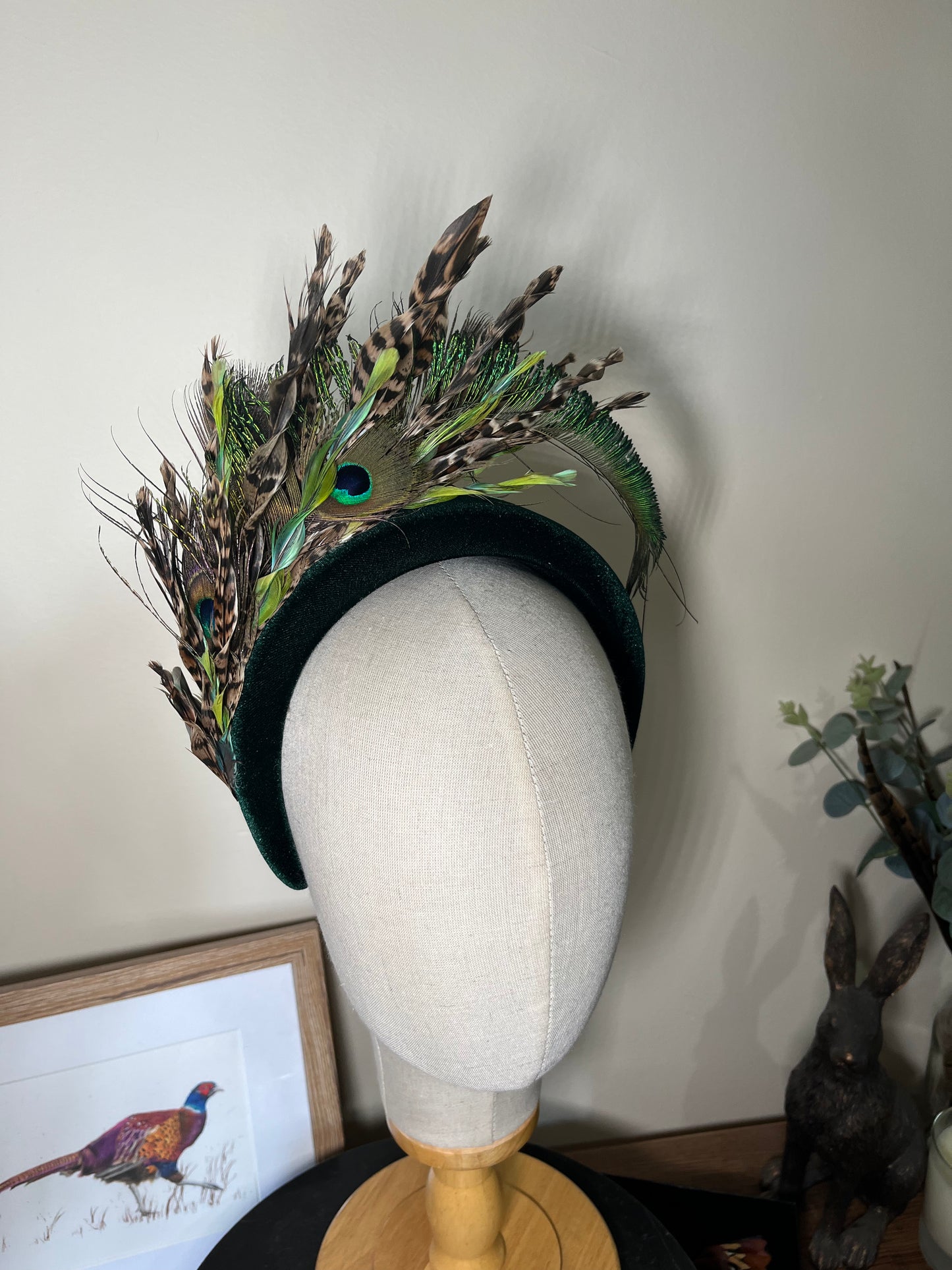 Green Velvet Alice band with peacock