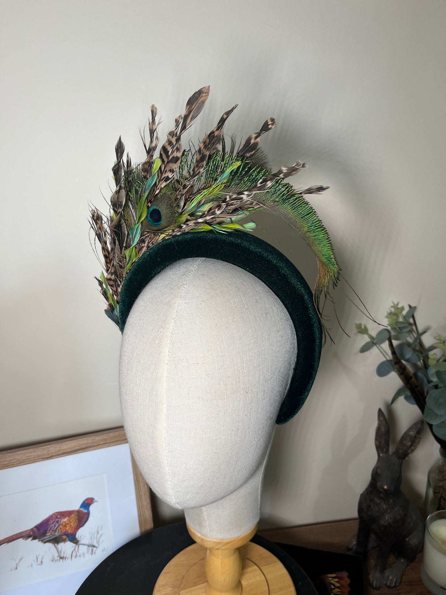 Green Velvet Alice band with peacock