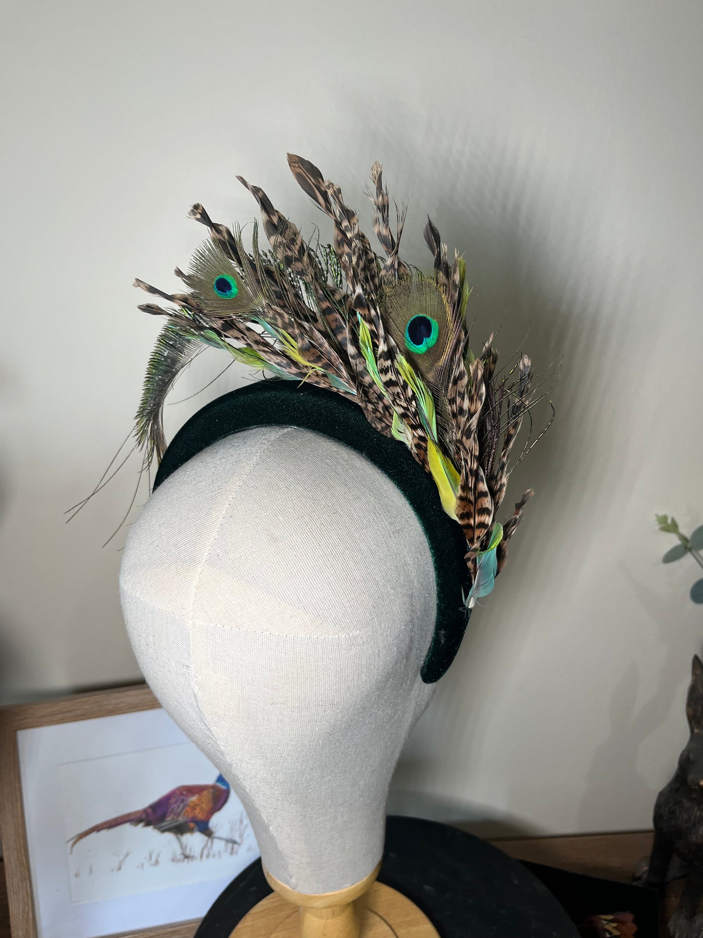 Green Velvet Alice band with peacock