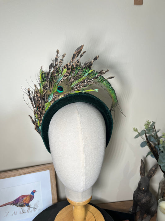 Green Velvet Alice band with peacock