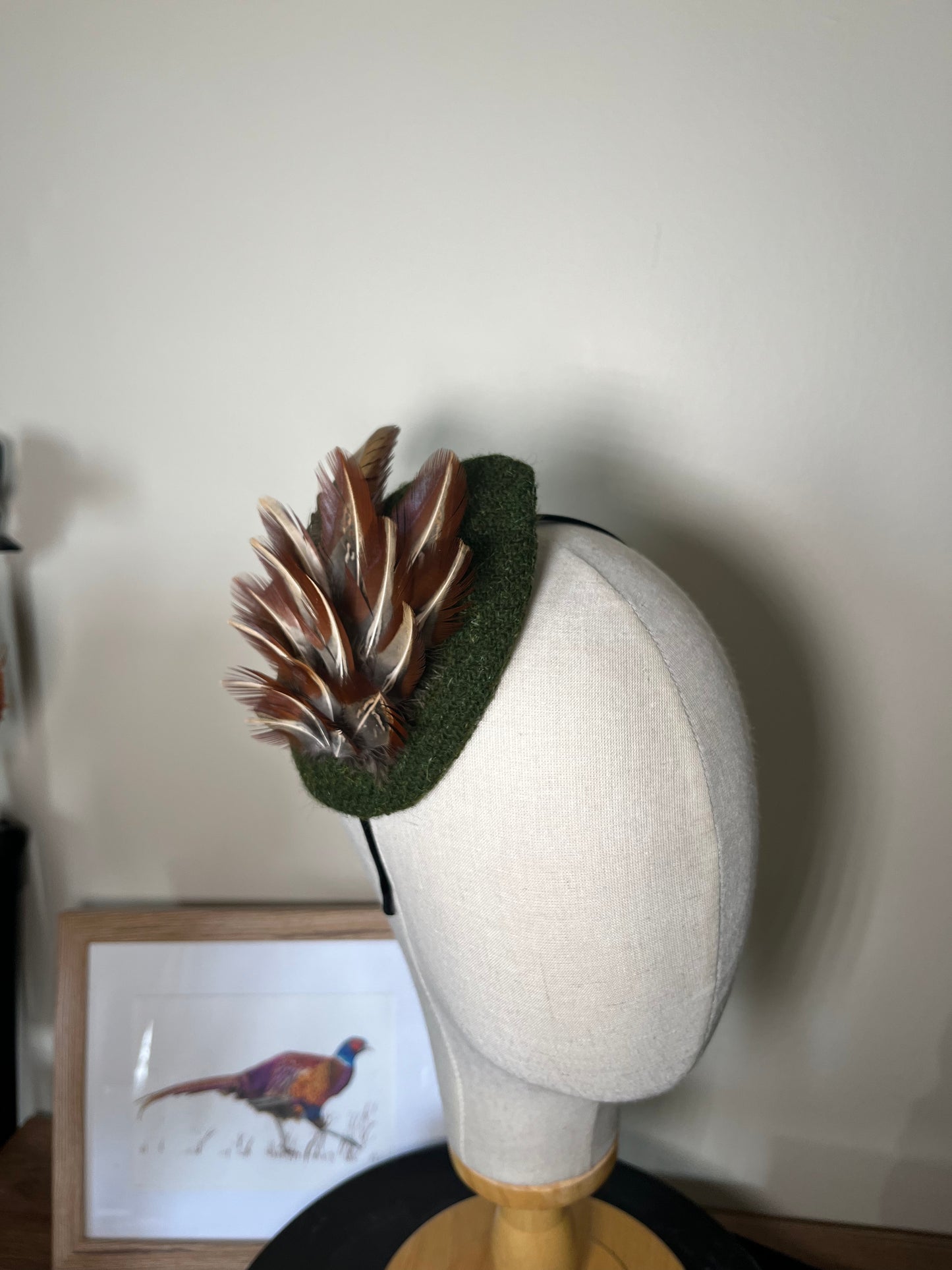 Pheasant Feather Fascinator with green tweed