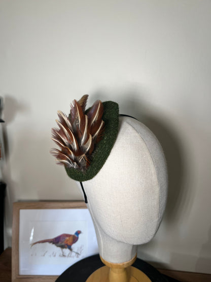 Pheasant Feather Fascinator with green tweed