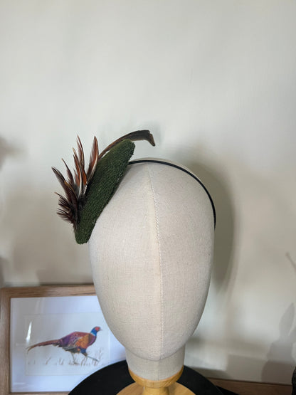 Pheasant Feather Fascinator with green tweed