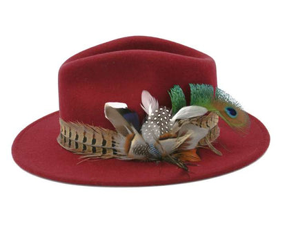 Wine Fancy Fedora with Feathers