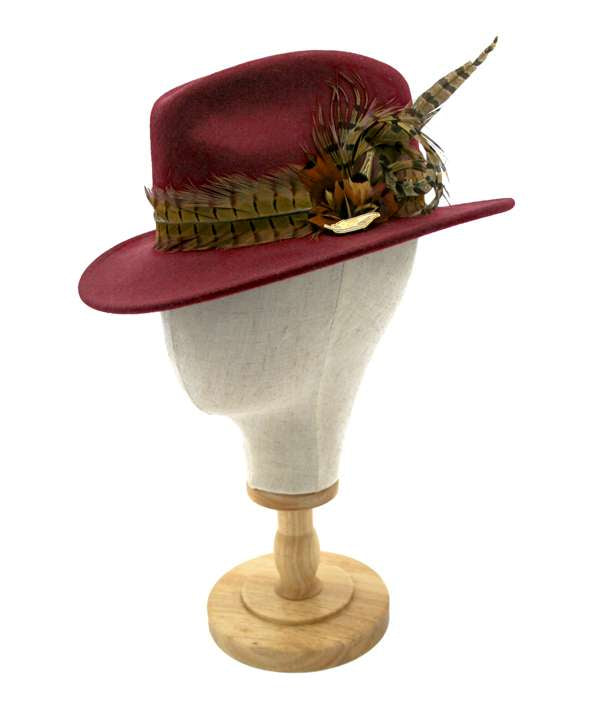 Wine Fancy Fedora with Pheasant Feathers