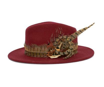 Wine Fancy Fedora with Pheasant Feathers