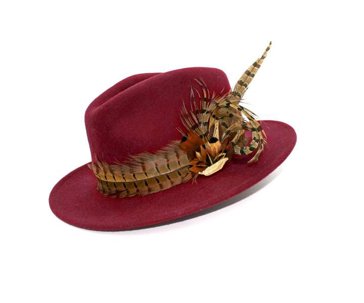 Wine Fancy Fedora with Pheasant Feathers