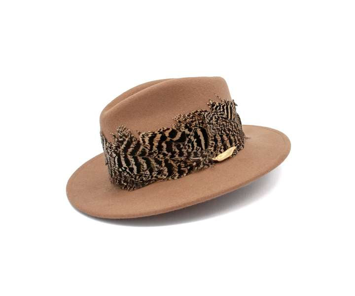 Camel Fancy Fedora with Pheasant Wrap