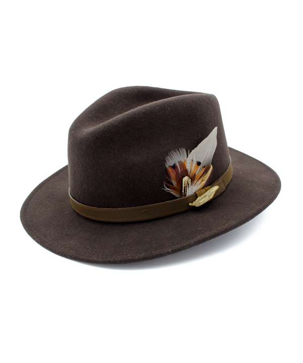 Brown Fedora Hat with Gamebird Feathers