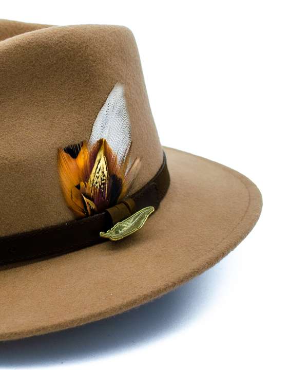 Camel Fedora with Gamebird Feathers