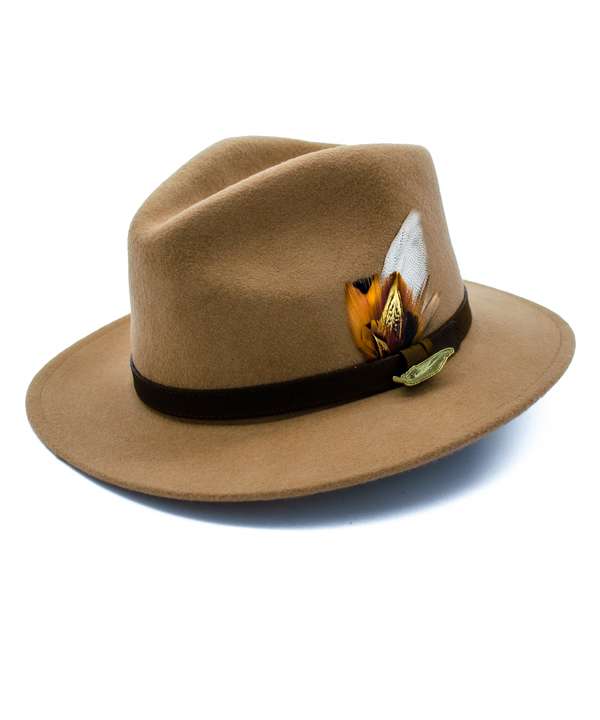 Camel Fedora with Gamebird Feathers