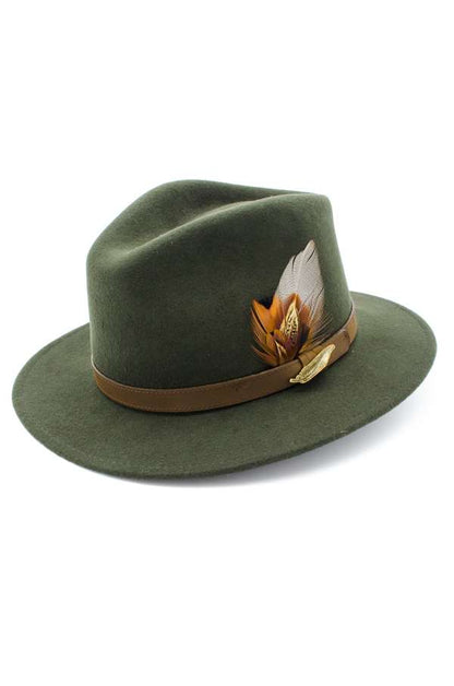 Green Fedora Hat with Gamebird Feathers