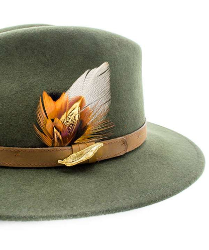 Green Fedora Hat with Gamebird Feathers