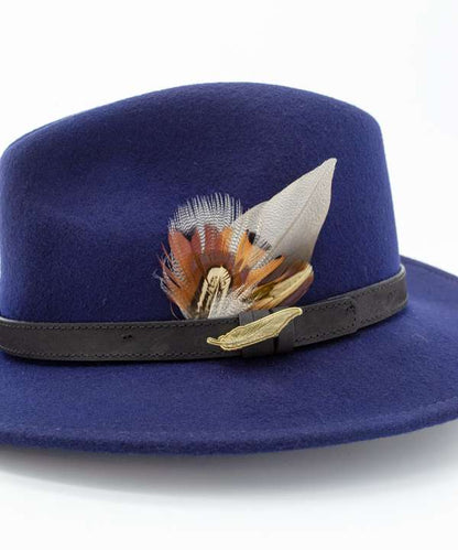 My Fancy Feathers Navy Blue Fedora Hat, with Gamebird Feathers