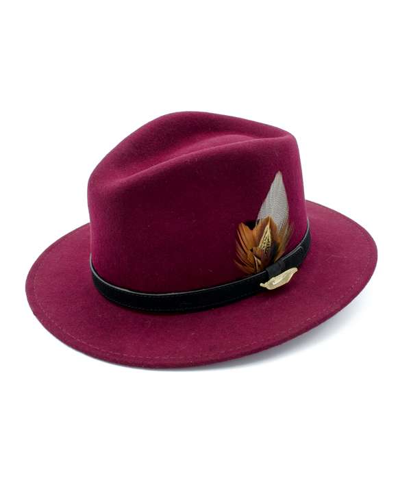 Wine Fedora Hat with Gamebird Feathers