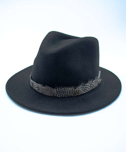 My Fancy Feathers Fedora in Black, with guinea fowl band.