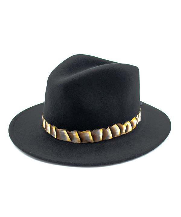 My Fancy Feathers Fedora in Black, with partridge band.