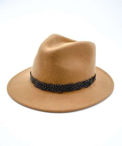 My Fancy Feathers Fedora Hat in Camel, with guinea fowl band.