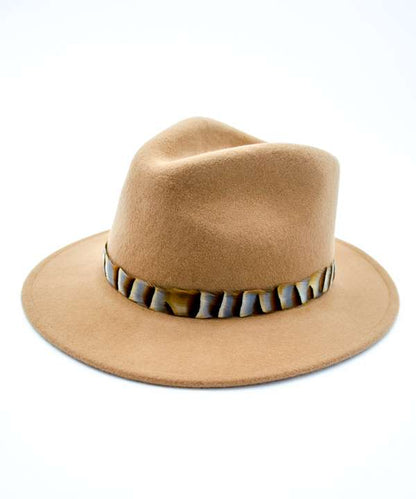 My Fancy Feathers Fedora in Camel, with partridge band.