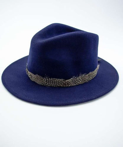 My Fancy Feathers Fedora in Navy Blue, with guinea fowl band.