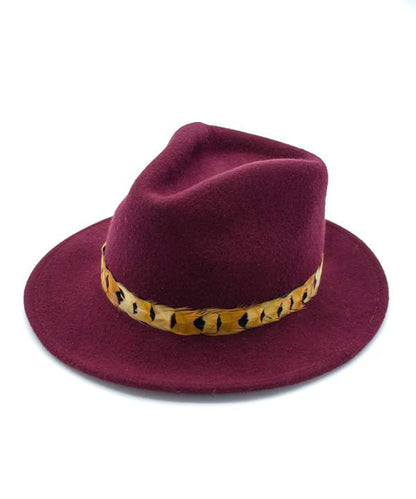 My Fancy Feathers Fedora Hat in Wine, with Gamebird feather band